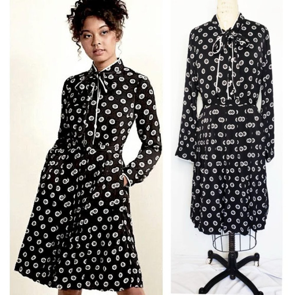 ModCloth Womens Tie Neck Black Floral Polka Dot Pleated Shirt Dress Pockets XL